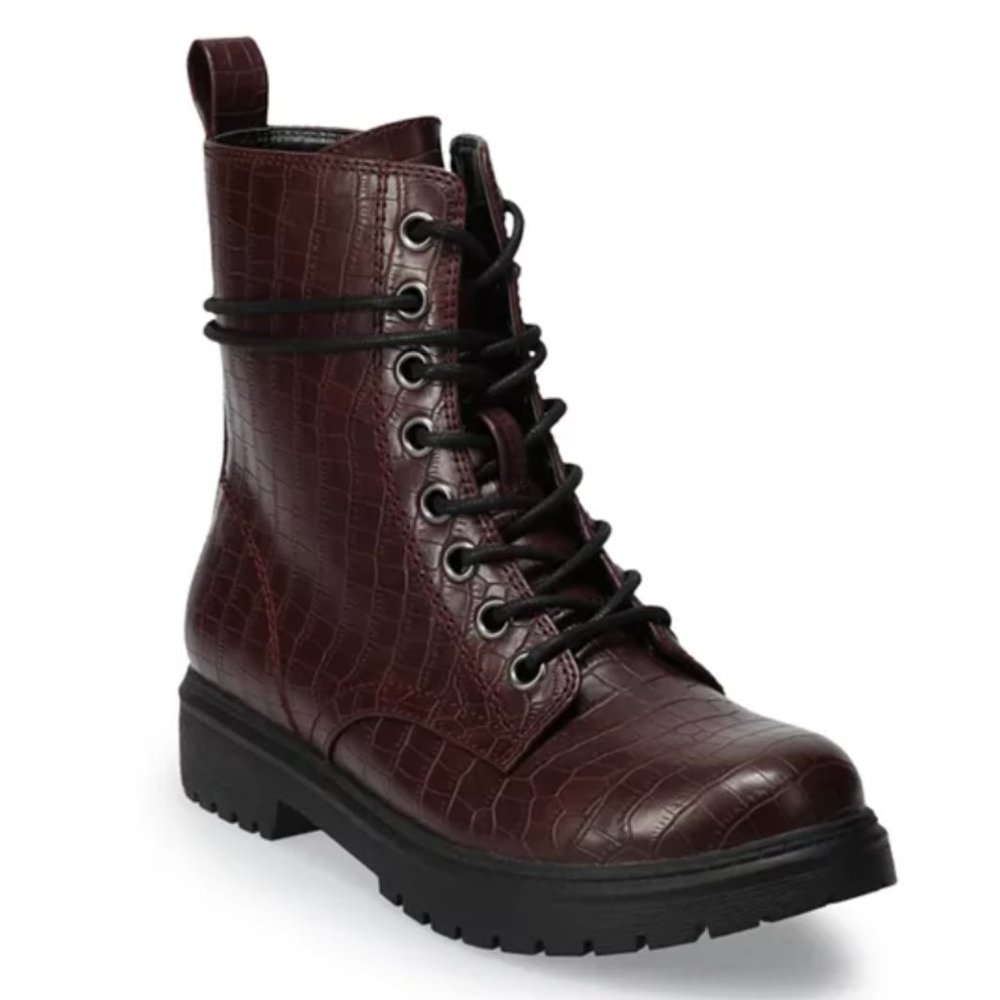 SO Bowfin Women's Combat Boots in Burgundy Croco Size 9 NWT